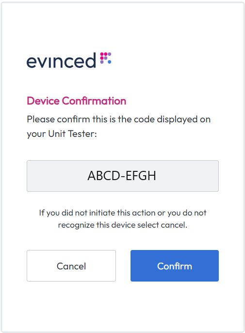 Login confirmation screen, the login code is displayed. Press the "Confirm" button to continue login or "Cancel" to abort